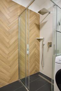 um chuveiro na casa de banho com uma parede de madeira em Sunlight Silver Plus Szeged - Exclusive em Szeged