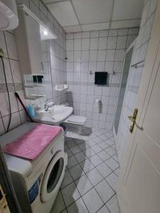 a bathroom with a sink and a washing machine at Apartment Vuksa in Novi Sad