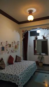 1 dormitorio con cama y espejo en Black Pepper Home Stay en Udaipur