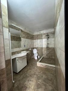 een badkamer met een toilet, een wastafel en een bad bij Vila Lion in Sebeş