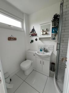 a white bathroom with a toilet and a sink at 288, Belle Aire, Hemsby - Beautifully presented two bed chalet, sleeps 5, pet friendly, close to beach! in Hemsby