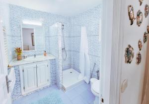 a bathroom with a sink and a shower and a toilet at Le Superbe - Sidi Bou Saïd in Dar Mimoun Bey