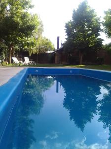 a swimming pool with blue water in a yard at Cabaña los Aromos in Maipú