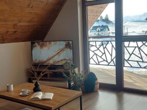 a living room with a tv and a table with books at Domek/apartament Przekop in Sromowce Wyżne