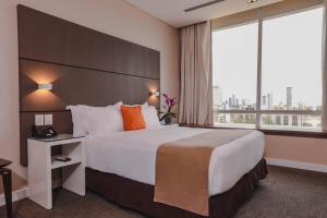 a hotel room with a large bed and a large window at Paseo La Galería Hotel & Suites in Asunción