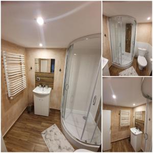a bathroom with a shower and a sink at Apartament Mickiewicza in Stronie Śląskie