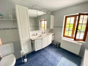 bagno bianco con lavandino e specchio di Gîte Sur puremont a Burdinne