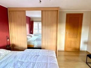 Burdinne的住宿－Gîte Sur puremont，一间卧室配有一张床和镜子