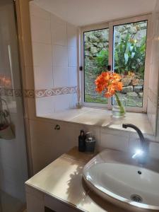 a bathroom with a sink and a vase with a flower in a window at Casa Anjos Holiday Cottages in Areias