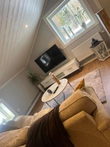 a living room with a couch and a tv at Mysig lägenhet på landet. in Ljung