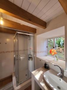 a bathroom with a shower and a sink at Casa Anjos Holiday Cottages in Areias