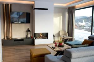 a living room with a couch and a fireplace at Wiktoria Residence Krynica-Zdrój in Krynica Zdrój