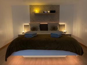 a bedroom with a large bed with two lights on it at Appartement T2 cosy (aéroport - parc des expo - parc Astérix) in Tremblay En France