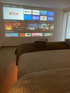 a bedroom with a large wall with a television at Appartement T2 cosy (aéroport - parc des expo - parc Astérix) in Tremblay-En-France