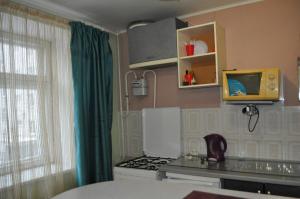 a small kitchen with a stove and a window at DayFlat Apartments Kremenchug in Kremenchuk