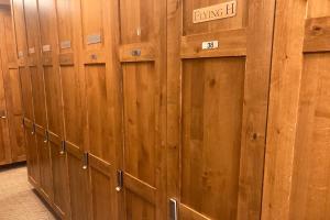 a row of wooden lockers in a gym at Howelsen Panoramic Views in Steamboat Springs