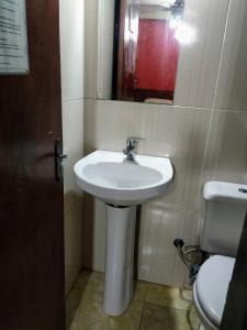 a bathroom with a sink and a mirror and a toilet at Hostel & Posada Noelia in Puerto Iguazú