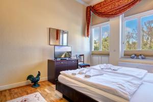 - une chambre avec un lit, une télévision et des fenêtres dans l'établissement Villa Sonnenschein App. 8, à Heringsdorf