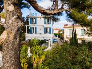 een groot wit huis met blauwe ramen en een boom bij Hotel Albert 1er in Cannes