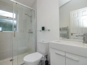 a white bathroom with a toilet and a glass shower at Buttercup Lodge in Dartmouth