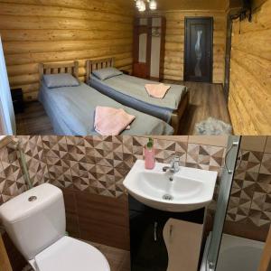 two pictures of a bathroom with a toilet and a sink at Садиба у Пасічника in Pilipets