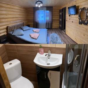 2 immagini di un bagno con servizi igienici e lavandino di Садиба у Пасічника a Pilipets