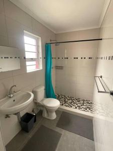 La salle de bains est pourvue de toilettes, d'un lavabo et d'une douche. dans l'établissement Beachwalker 52, à Swakopmund