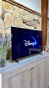 a flat screen tv sitting on top of a wooden cabinet at Casa vacanze profumo di mare in Fiumicino