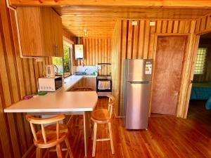 eine Küche mit einer Theke und einem Kühlschrank in der Unterkunft Cabañas Vista al Mar in Valdivia