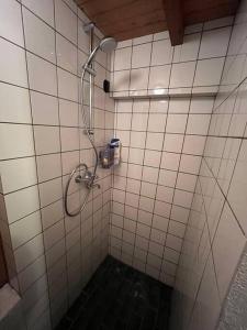 a bathroom with a shower in a tiled wall at Galerie Petit Delfshaven in Rotterdam
