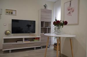 a living room with a television and a table with flowers at Apartamento la Unión II , calidad y comodidad in Castellón de la Plana