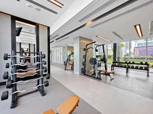 a fitness room with a gym with weights at Mesmerizing 2BDR in Creek Harbour HG1-1907 in Dubai