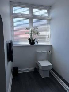 a white bathroom with a toilet and a window at Guest Homes - Driffield Apartment in Great Driffield