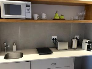eine Küchentheke mit einer Spüle und einer Mikrowelle in der Unterkunft Hermanus Waterfront Apartment in Hermanus
