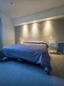 um quarto com uma cama com um cobertor azul em Comodo Apt en Recoleta em Buenos Aires