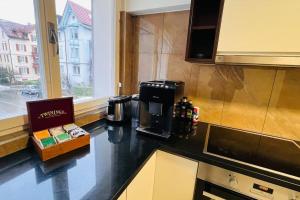 a kitchen with a counter with a coffee maker on it at Cresta Apartment in St. Gallen
