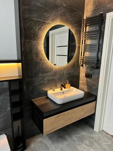 een badkamer met een wastafel en een spiegel bij Lusia Apartment in Jarosław