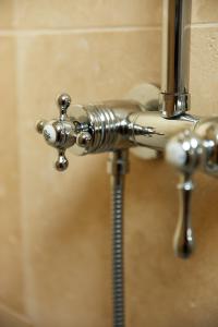 a metal shower faucet in a bathroom at Le Nid de la Breizhidence in Combourg