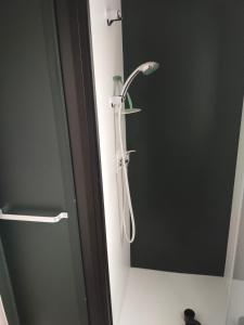 La salle de bains est pourvue d'une douche avec un pommeau de douche. dans l'établissement MOBIL HOME LE LOZERIEN, à Valras-Plage