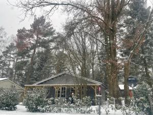 une maison recouverte de neige dans une cour dans l'établissement Chalet Sint-Hubertus Du Bois, à Zutendaal
