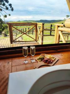 two glasses of wine sitting on a table with a view at Pousada Emerich in Cambara do Sul