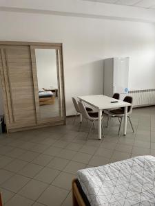 a room with a table and chairs and a mirror at Noclegi Pracownicze LAZUR in Ciechanów