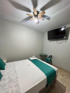 una camera con ventilatore a soffitto e letto di Hotel Redinson a Piura