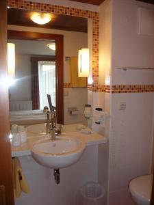 uma casa de banho com um lavatório, um espelho e um WC. em Frühstückspension Seeblick em Sankt Gilgen