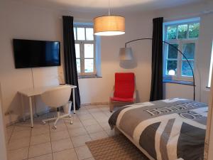 um quarto com uma cama, uma secretária e uma televisão em Superbe logement à proximité du centre et du Kirchberg em Luxemburgo
