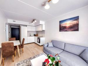ein Wohnzimmer mit einem Sofa und einem Tisch in der Unterkunft Mai 71 Johanna suvekorter in Pärnu