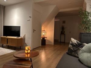 uma sala de estar com um sofá e uma televisão em De Lijster em Bergen