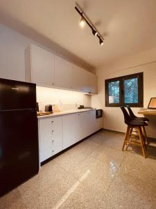 a kitchen with a black refrigerator and a chair at Oiko Worth Living No7 in Ioannina