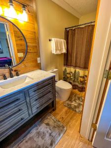 een badkamer met een wastafel, een toilet en een spiegel bij Jasmine Heights - New Rental 2023 in West Jefferson