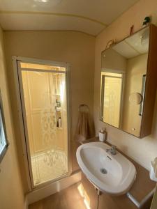 a bathroom with a white sink and a shower at Mobil home Calicanto in Masía Aldamar